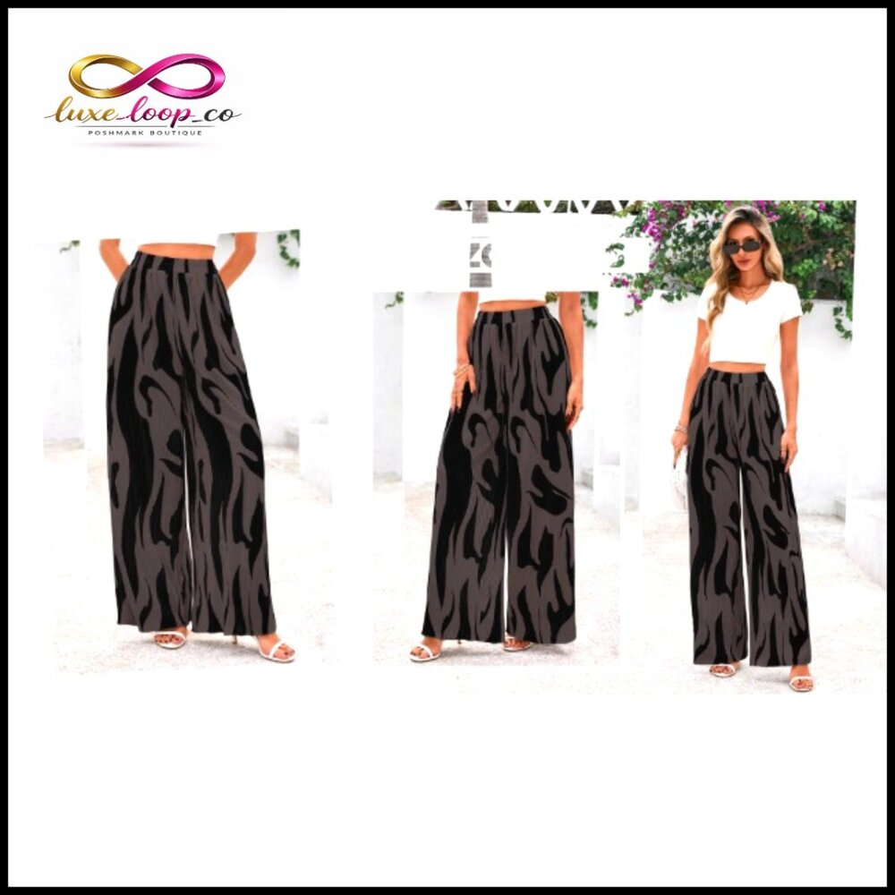 Wide Leg Palazzo Pants High‎ Waist Pleated Lounge Casual Graphic Print - Picture 7 of 7